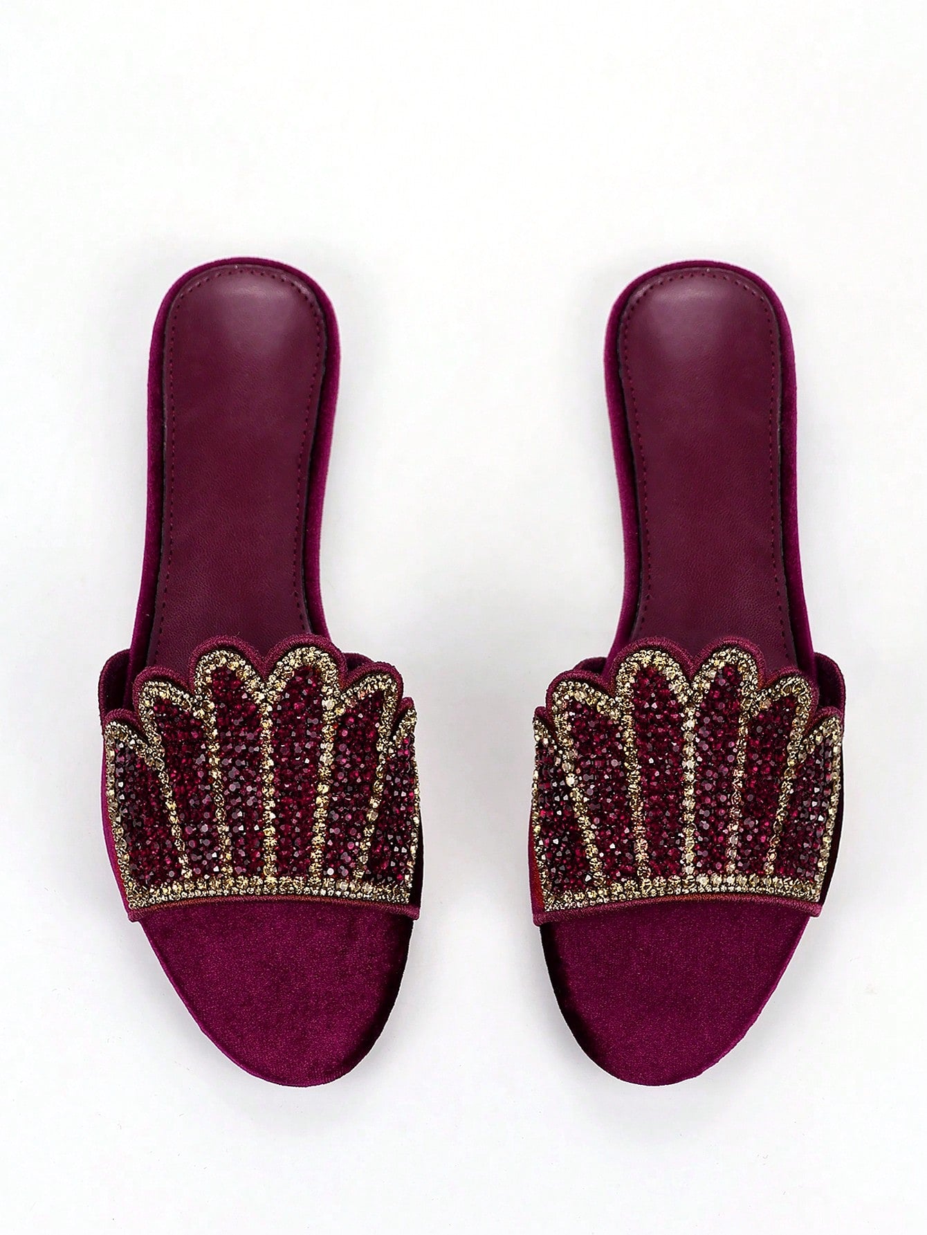 Women's Luxurious Fully Rhinestoned 3D Floral Pattern Decor Burgundy Velvet Comfortable Round Toe Slip-On Flat Mule Sandals, Suitable For Daily Wear And Party,Spring Summer Outfits