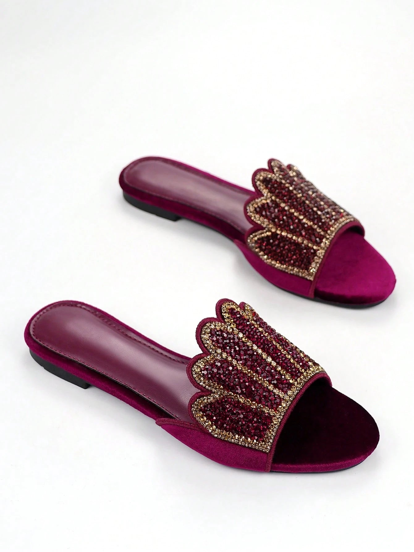 Women's Luxurious Fully Rhinestoned 3D Floral Pattern Decor Burgundy Velvet Comfortable Round Toe Slip-On Flat Mule Sandals, Suitable For Daily Wear And Party,Spring Summer Outfits