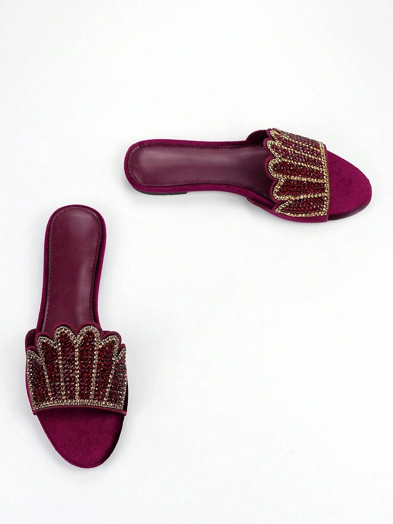 Women's Luxurious Fully Rhinestoned 3D Floral Pattern Decor Burgundy Velvet Comfortable Round Toe Slip-On Flat Mule Sandals, Suitable For Daily Wear And Party,Spring Summer Outfits