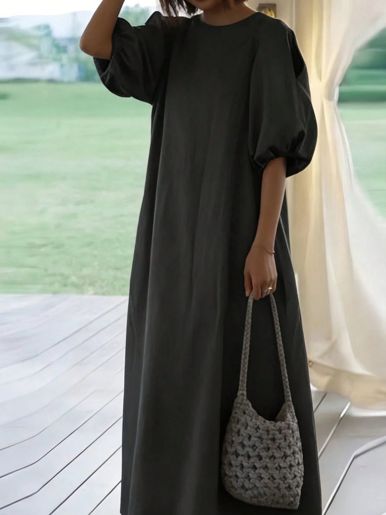 Women's Mid-Length Lantern Sleeve Belted Dress, Round Neck, Slit Detail, Casual Woven Fabric Black Elegant Summer