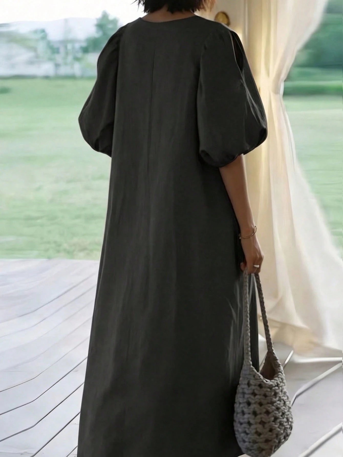 Women's Mid-Length Lantern Sleeve Belted Dress, Round Neck, Slit Detail, Casual Woven Fabric Black Elegant Summer