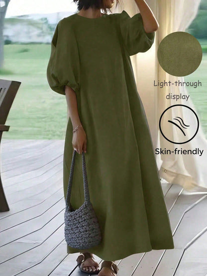 Women's Mid-Length Lantern Sleeve Belted Dress, Round Neck, Slit Detail, Casual Woven Fabric Black Elegant Summer