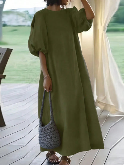 Women's Mid-Length Lantern Sleeve Belted Dress, Round Neck, Slit Detail, Casual Woven Fabric Black Elegant Summer