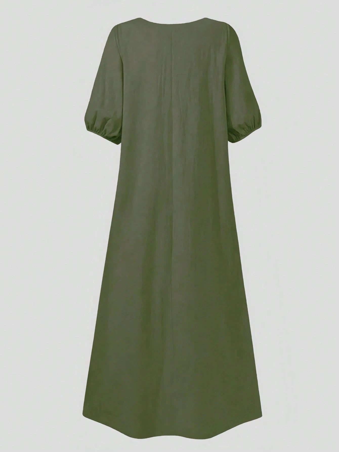 Women's Mid-Length Lantern Sleeve Belted Dress, Round Neck, Slit Detail, Casual Woven Fabric Black Elegant Summer