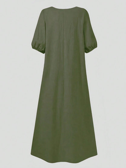 Women's Mid-Length Lantern Sleeve Belted Dress, Round Neck, Slit Detail, Casual Woven Fabric Black Elegant Summer