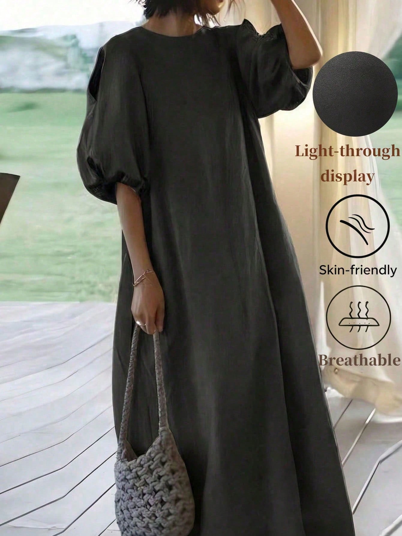 Women's Mid-Length Lantern Sleeve Belted Dress, Round Neck, Slit Detail, Casual Woven Fabric Black Elegant Summer