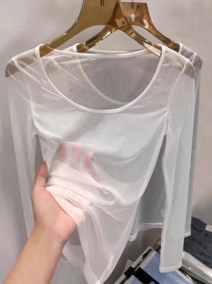 Women's Minimalist Slim Fit Sheer Long Sleeve Versatile Blouse Casual Spring White