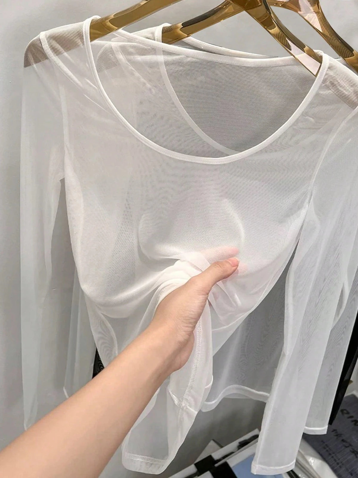 Women's Minimalist Slim Fit Sheer Long Sleeve Versatile Blouse Casual Spring White