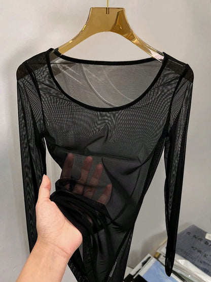 Women's Minimalist Slim Fit Sheer Long Sleeve Versatile Blouse Casual Spring White