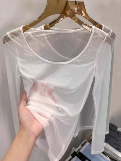 Women's Minimalist Slim Fit Sheer Long Sleeve Versatile Blouse Casual Spring White