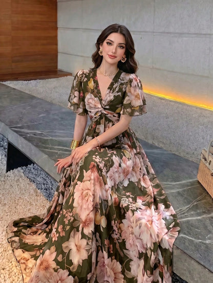 Women's New Elegant Romantic Floral Slimming Flared Dress Summer Vacation