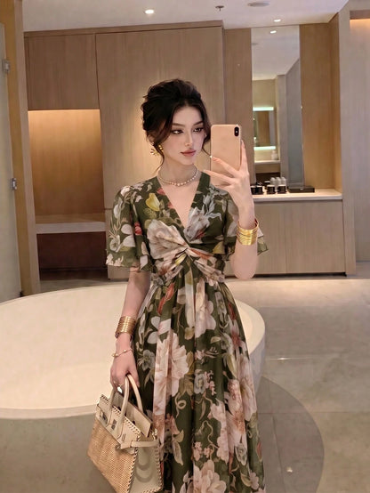 Women's New Elegant Romantic Floral Slimming Flared Dress Summer Vacation
