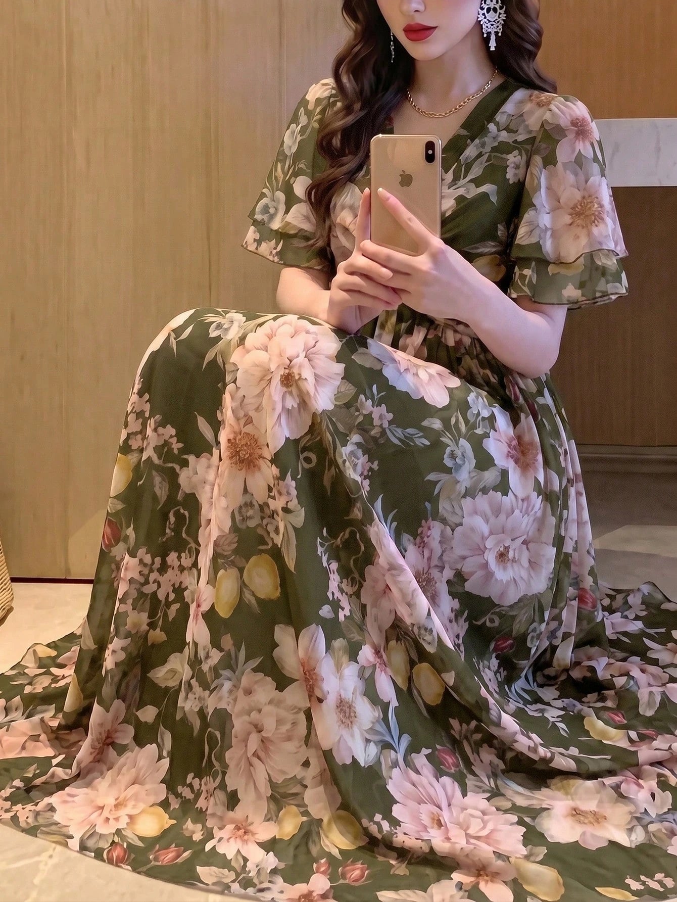 Women's New Elegant Romantic Floral Slimming Flared Dress Summer Vacation