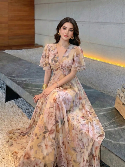 Women's New Elegant Romantic Floral Slimming Flared Dress Summer Vacation