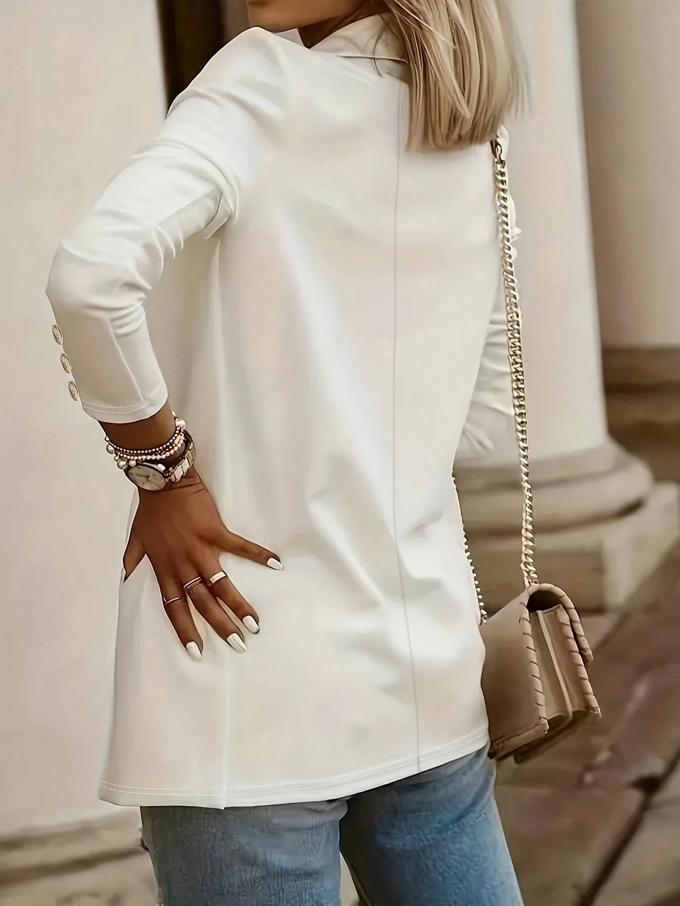 Women's Open Front Blazer-Notched Lapel Long Sleeve Gold Button Cuff Casual Work Office Jacket In White,Suitable For Daily Home Use,Casual Sports Wear