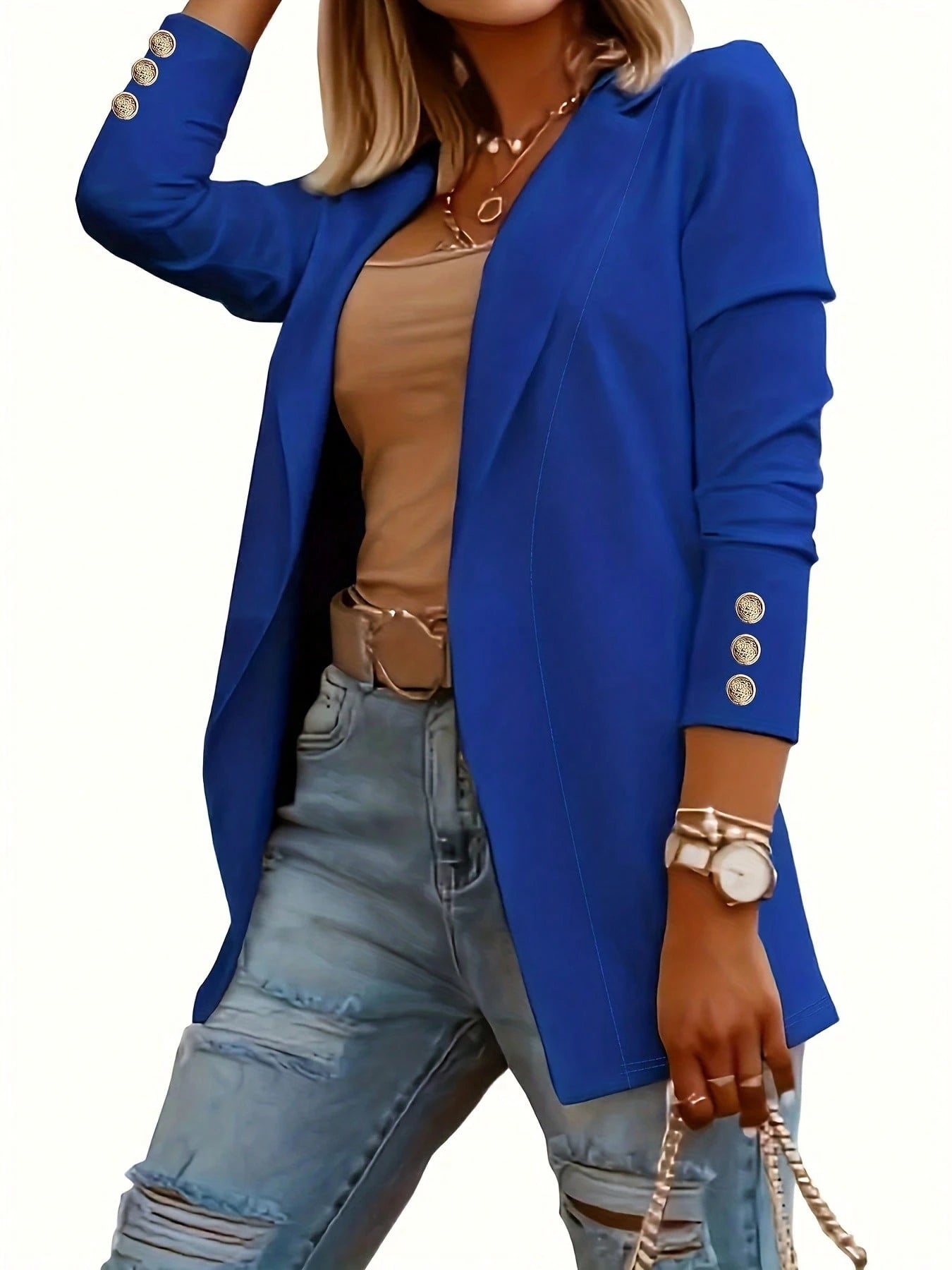 Women's Open Front Blazer-Notched Lapel Long Sleeve Gold Button Cuff Casual Work Office Jacket In White,Suitable For Daily Home Use,Casual Sports Wear