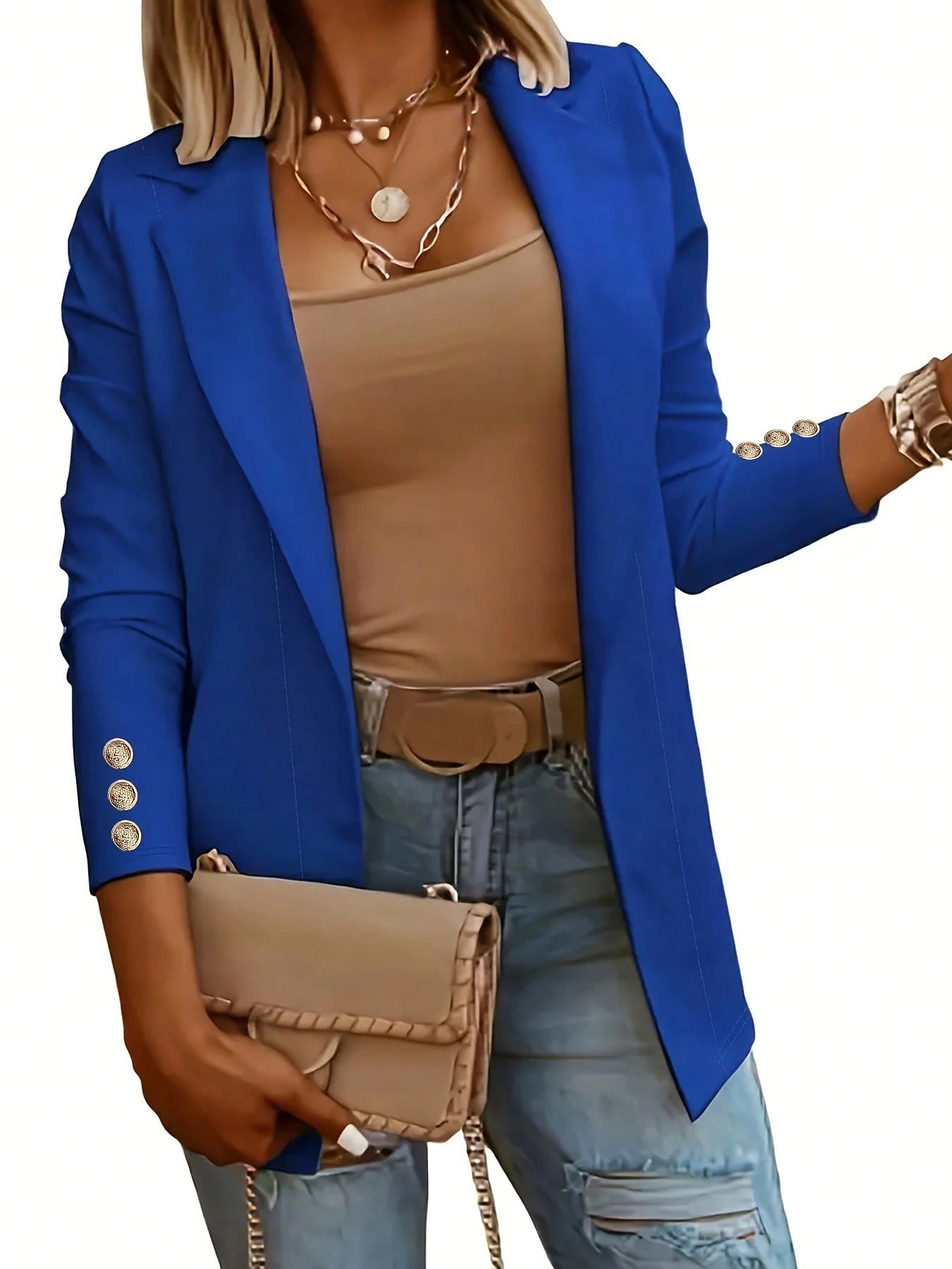 Women's Open Front Blazer-Notched Lapel Long Sleeve Gold Button Cuff Casual Work Office Jacket In White,Suitable For Daily Home Use,Casual Sports Wear