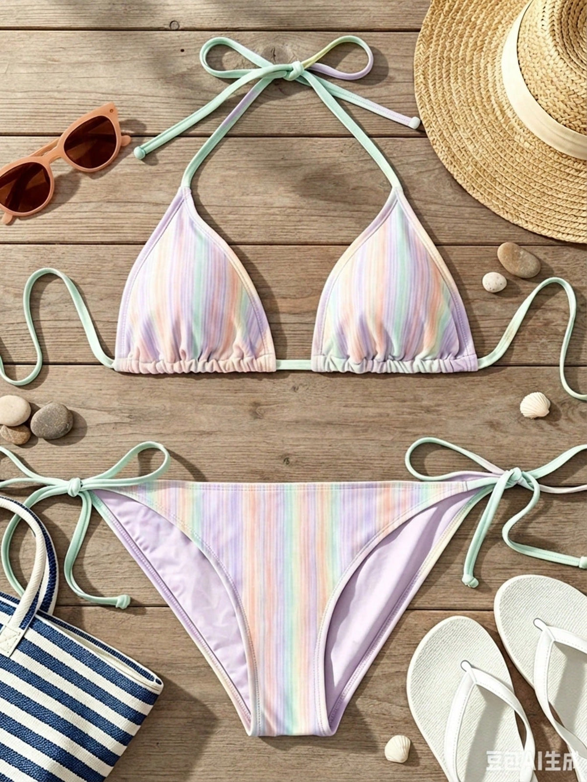 Women's Pastel Rainbow Striped Halter Bikini Set With Adjustable Straps