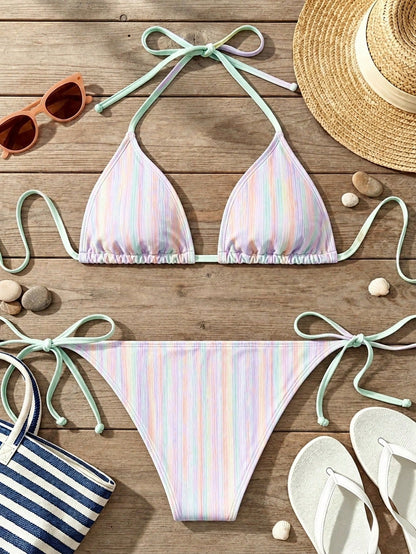 Women's Pastel Rainbow Striped Halter Bikini Set With Adjustable Straps