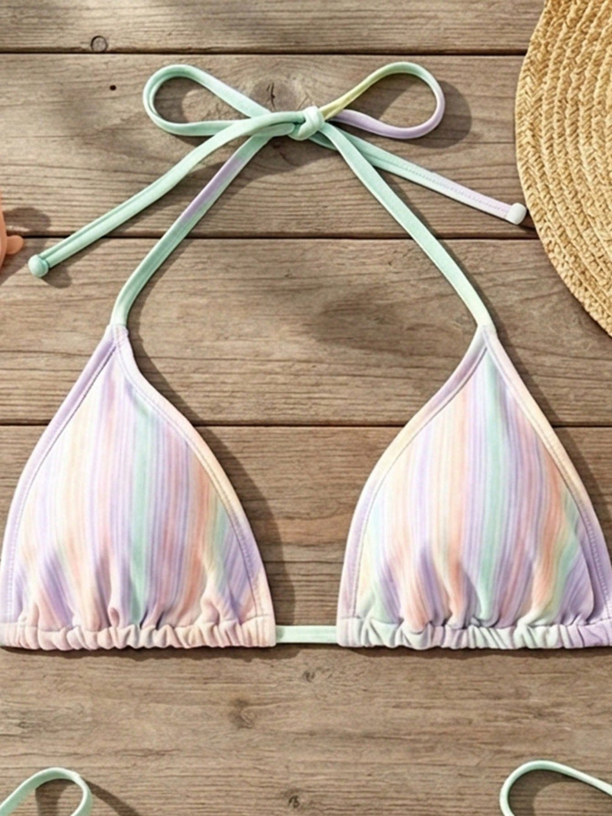 Women's Pastel Rainbow Striped Halter Bikini Set With Adjustable Straps