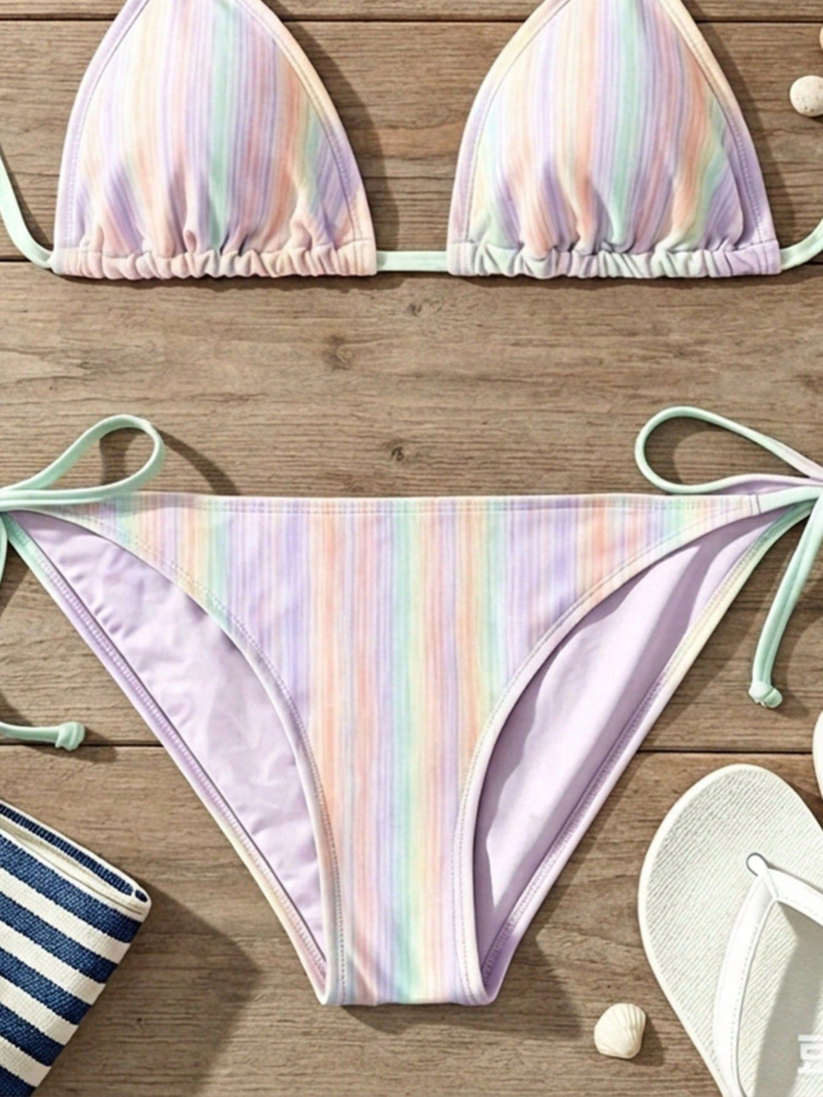 Women's Pastel Rainbow Striped Halter Bikini Set With Adjustable Straps