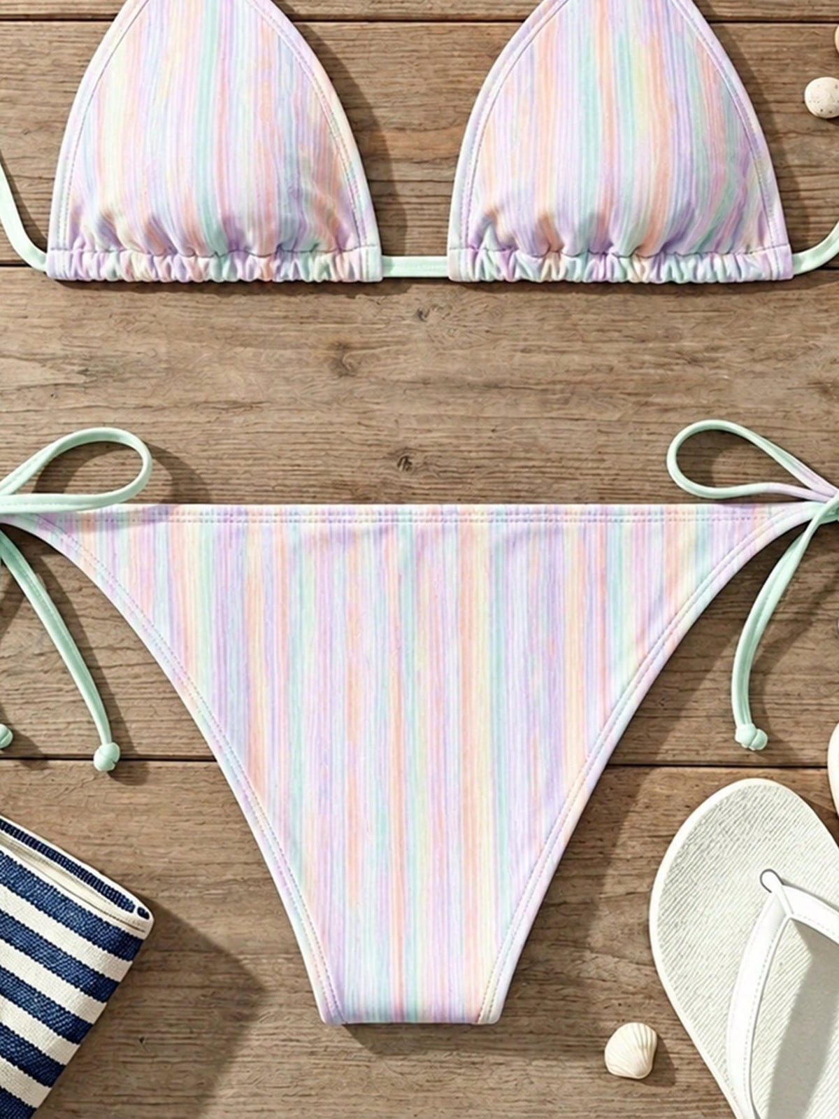 Women's Pastel Rainbow Striped Halter Bikini Set With Adjustable Straps