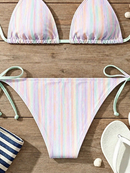 Women's Pastel Rainbow Striped Halter Bikini Set With Adjustable Straps