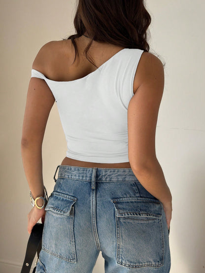 Women's Plain Minimalist Oblique Shoulder Short Sleeve Top, Summer Casual White