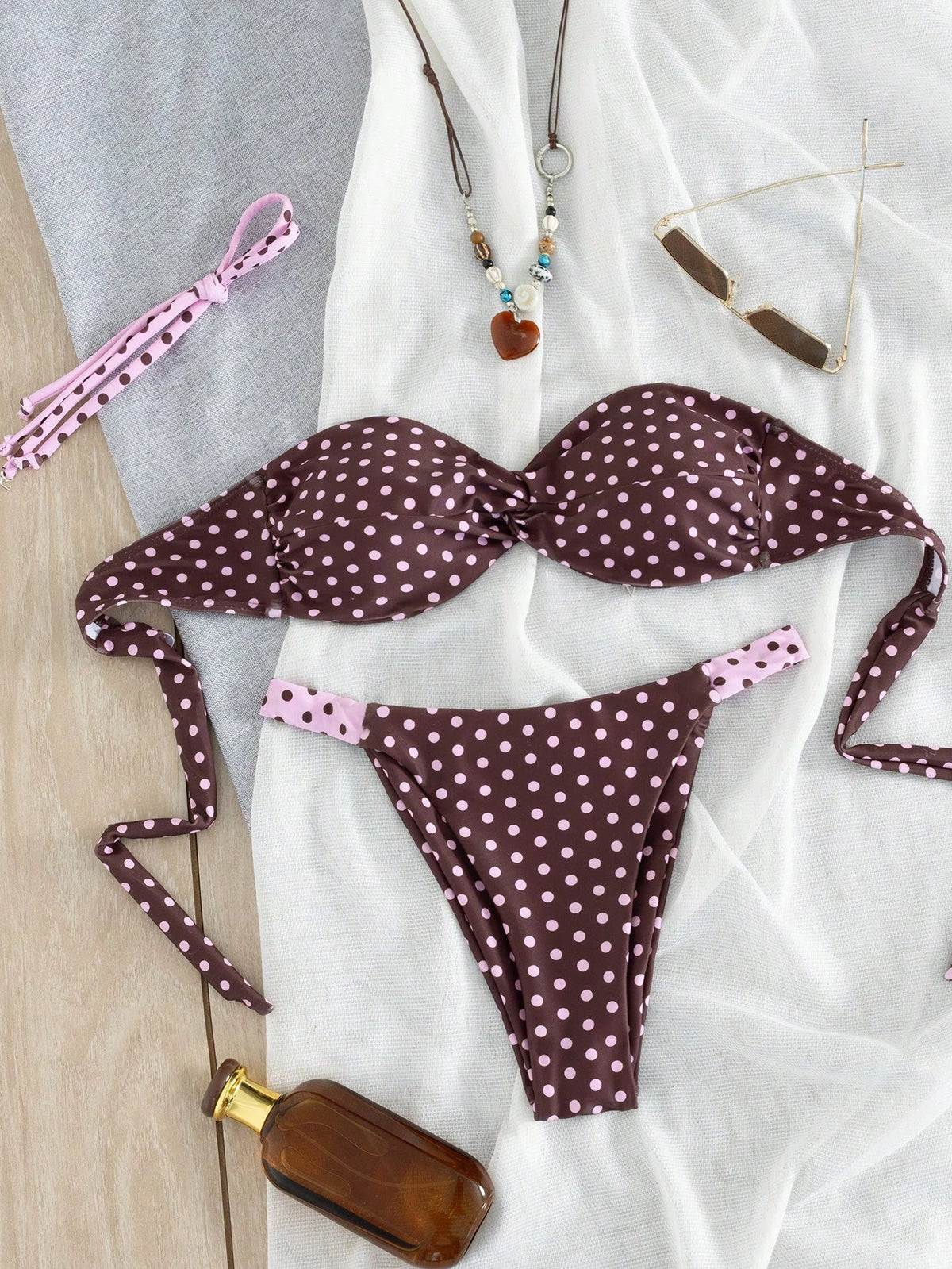 Women's Polka Dot Bandeau Bikini Set, Fashionable And Comfortable Swimwear, Elegant Resort Style Bikini, Bohemian For Summer Vacation, Beach Leisure And Holiday Wear, Aesthetic