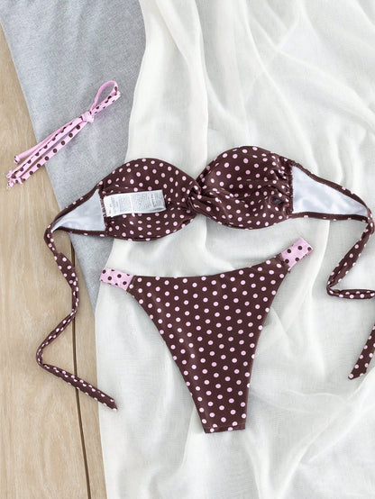 Women's Polka Dot Bandeau Bikini Set, Fashionable And Comfortable Swimwear, Elegant Resort Style Bikini, Bohemian For Summer Vacation, Beach Leisure And Holiday Wear, Aesthetic
