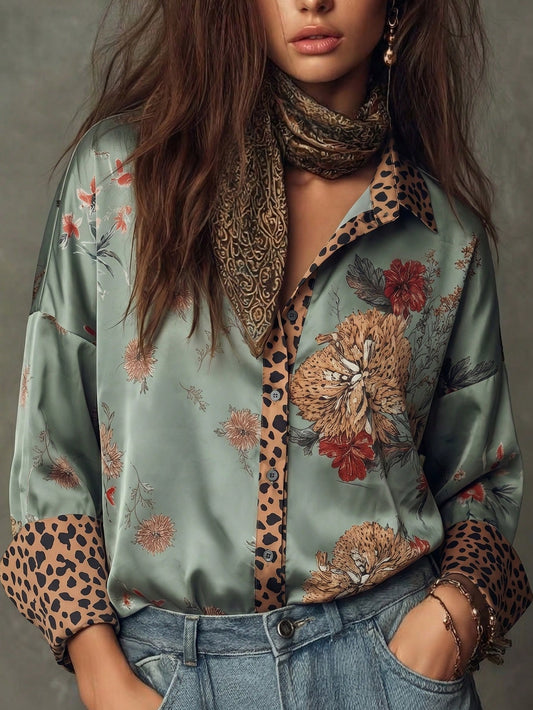 Women's Printed Blouse With Leopard Print Cuff Design, Fashionable Elegant Casual Commute Daily Wear Shirt Vacation