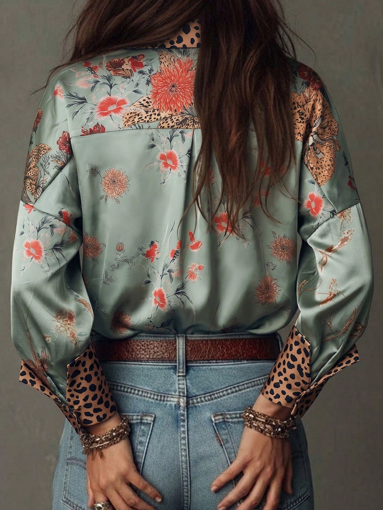 Women's Printed Blouse With Leopard Print Cuff Design, Fashionable Elegant Casual Commute Daily Wear Shirt Vacation