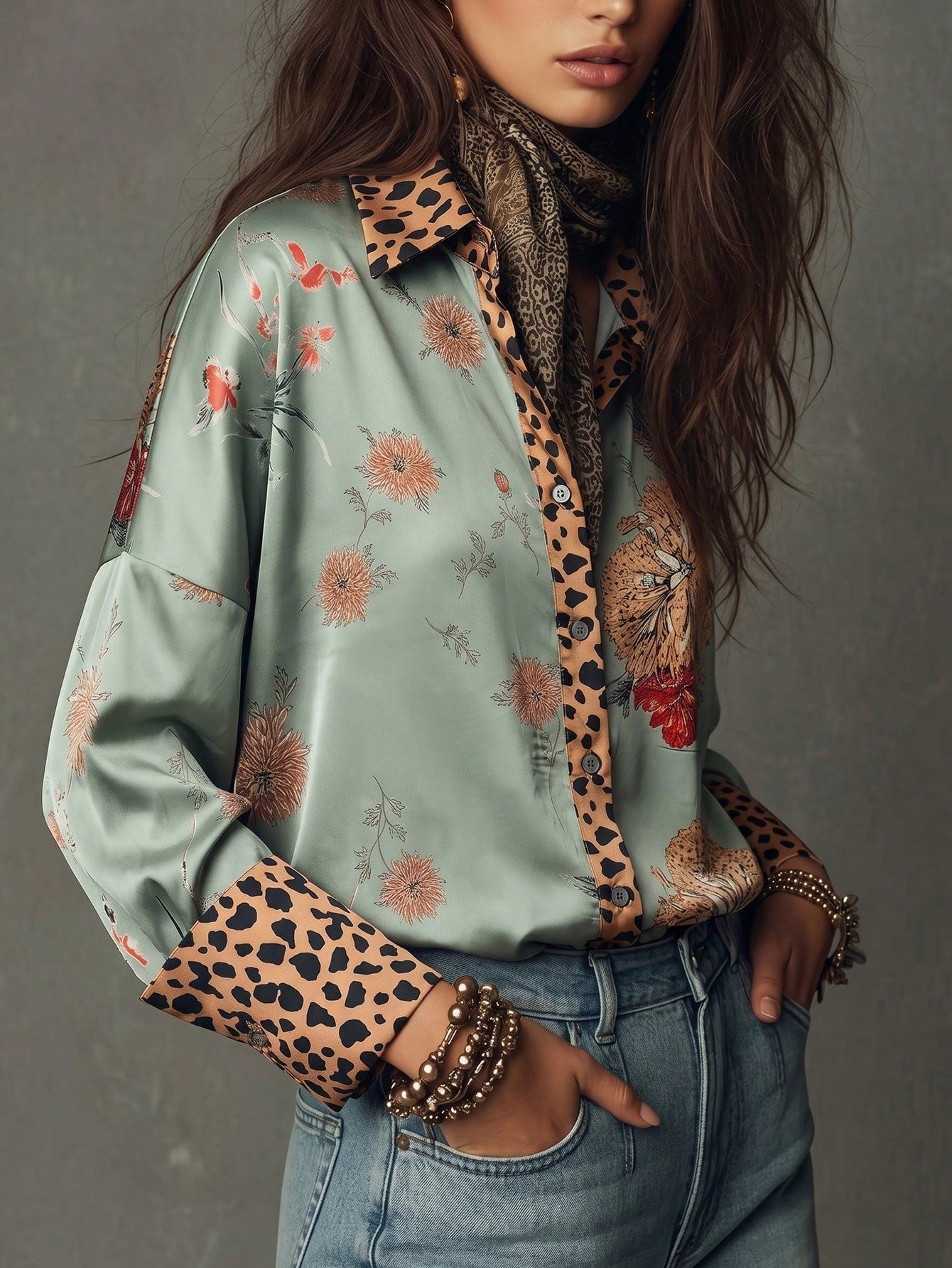 Women's Printed Blouse With Leopard Print Cuff Design, Fashionable Elegant Casual Commute Daily Wear Shirt Vacation