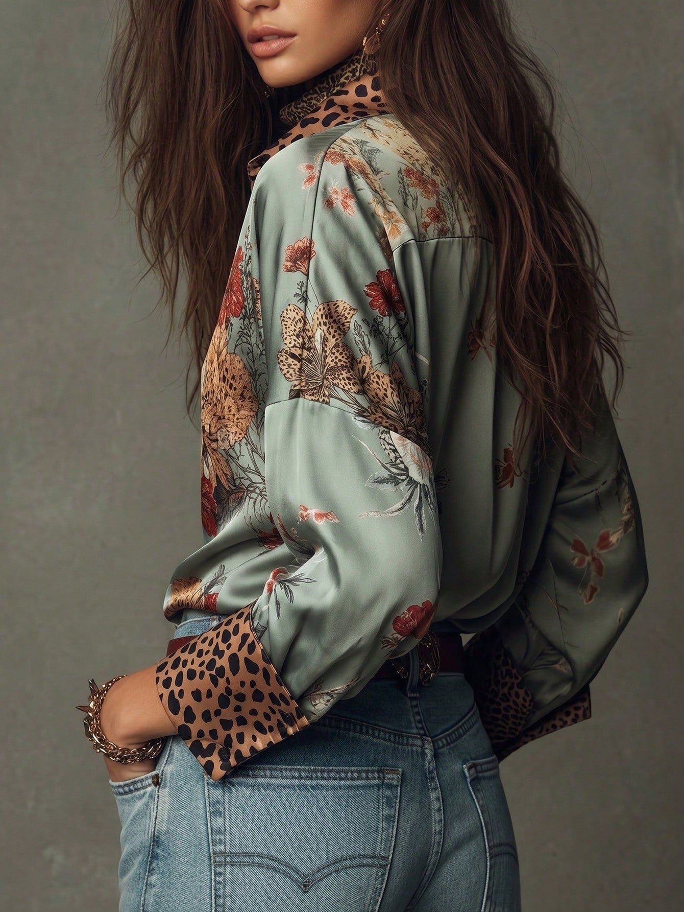 Women's Printed Blouse With Leopard Print Cuff Design, Fashionable Elegant Casual Commute Daily Wear Shirt Vacation