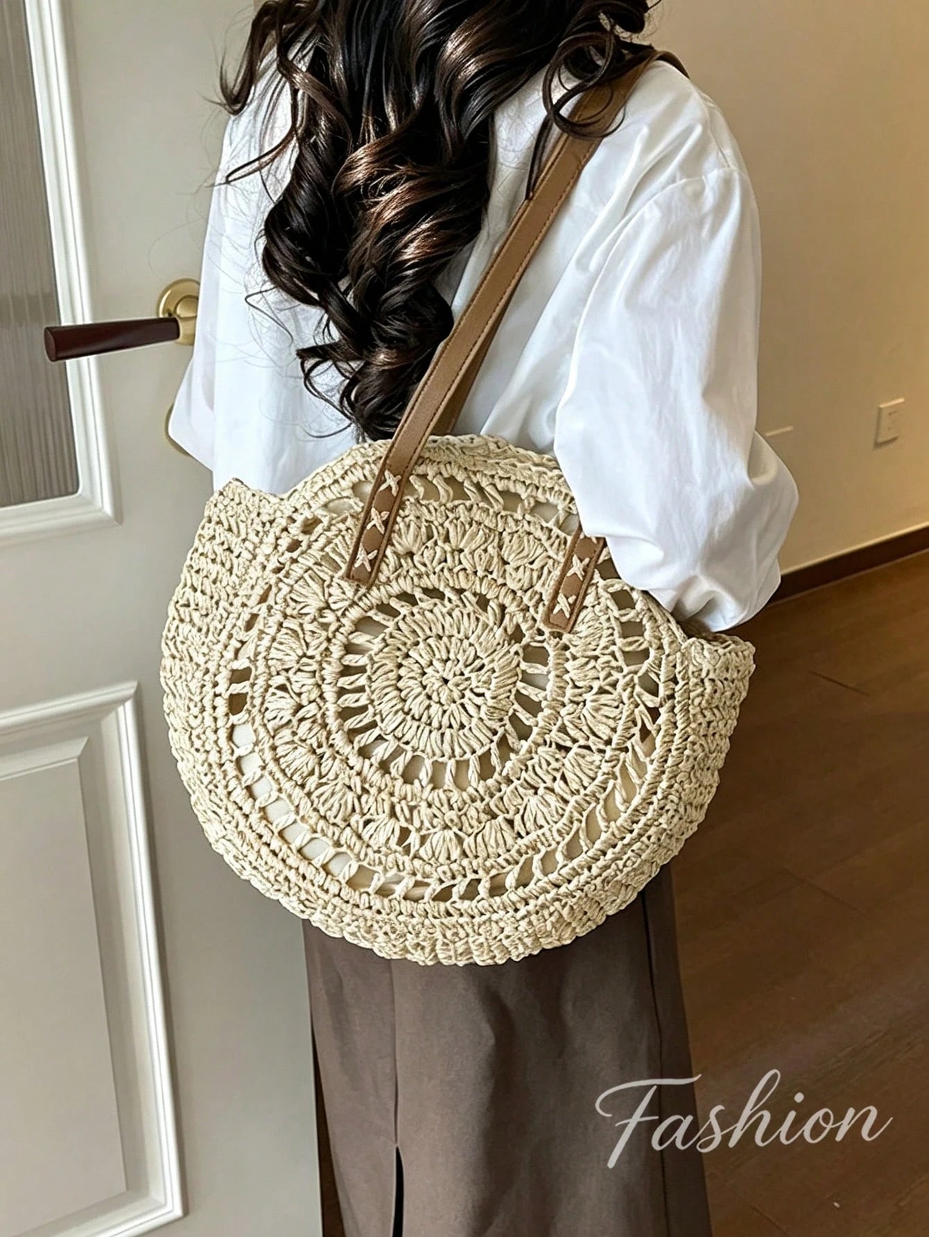 Women's Round Crochet Cutout Straw Bag,Bohemian Woven Shoulder Bag,Leather Straps,Handcrafted Textured,Summer Vacation Beach ToteBag,Summer Essentials