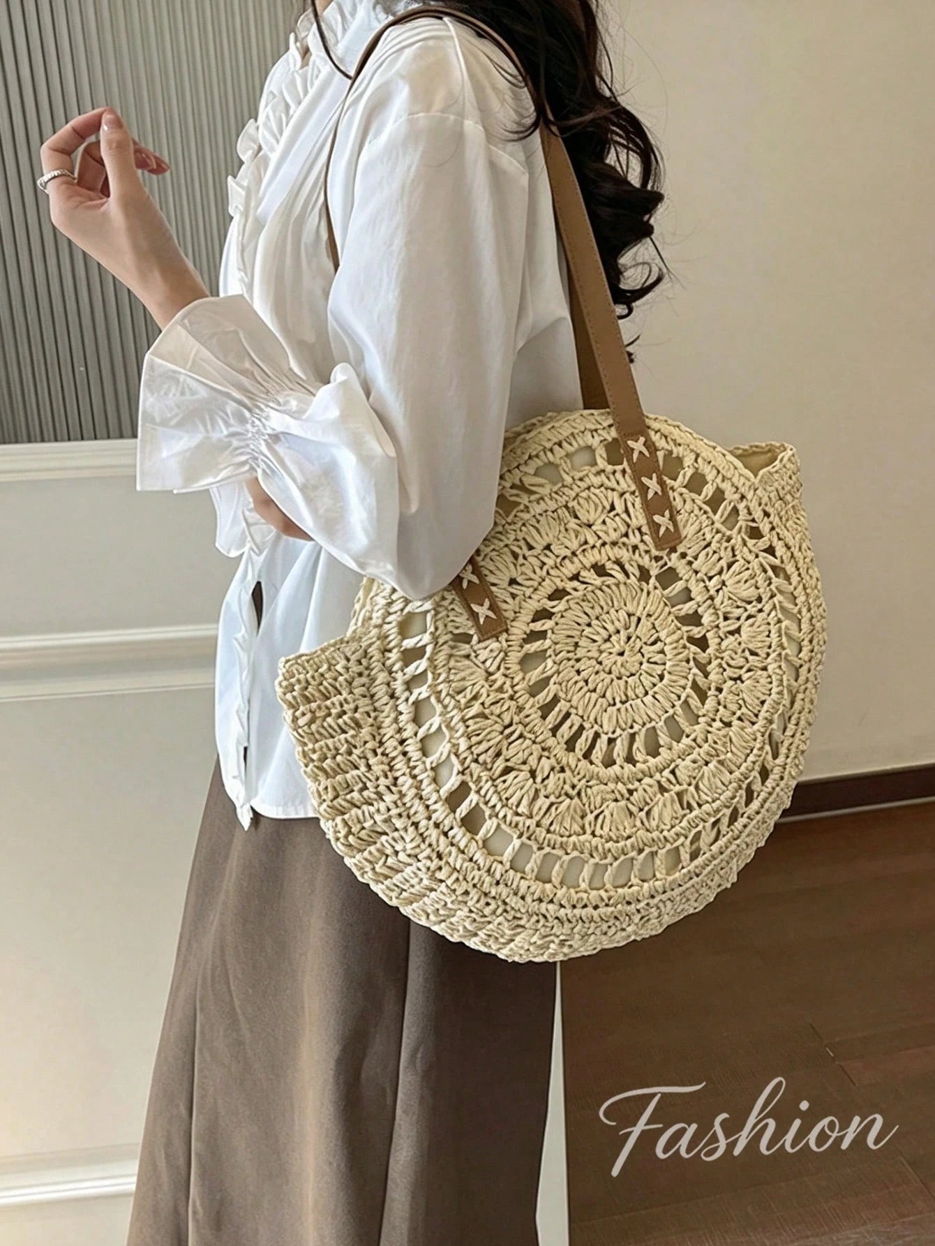 Women's Round Crochet Cutout Straw Bag,Bohemian Woven Shoulder Bag,Leather Straps,Handcrafted Textured,Summer Vacation Beach ToteBag,Summer Essentials