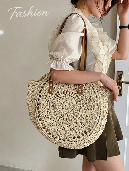 Women's Round Crochet Cutout Straw Bag,Bohemian Woven Shoulder Bag,Leather Straps,Handcrafted Textured,Summer Vacation Beach ToteBag,Summer Essentials