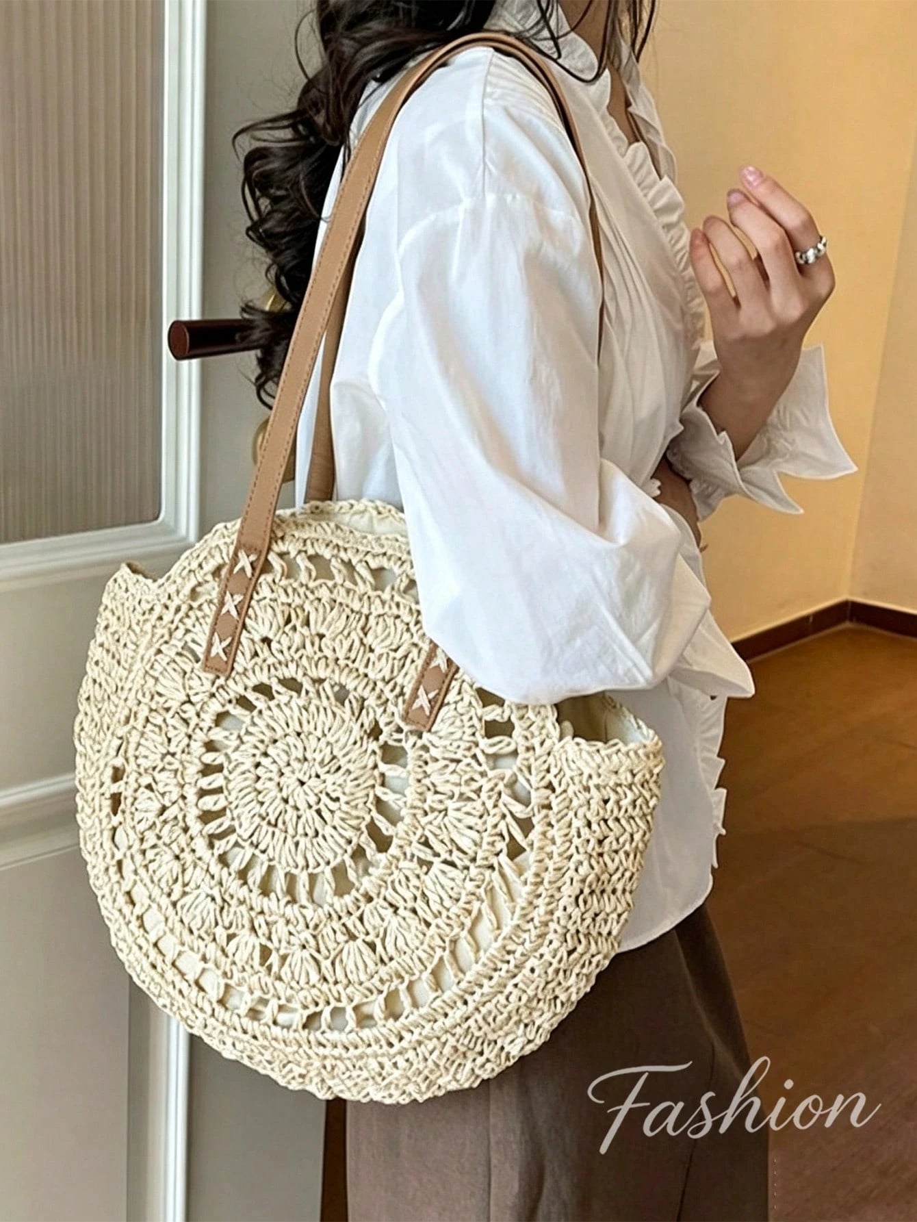 Women's Round Crochet Cutout Straw Bag,Bohemian Woven Shoulder Bag,Leather Straps,Handcrafted Textured,Summer Vacation Beach ToteBag,Summer Essentials