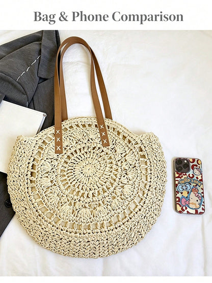 Women's Round Crochet Cutout Straw Bag,Bohemian Woven Shoulder Bag,Leather Straps,Handcrafted Textured,Summer Vacation Beach ToteBag,Summer Essentials