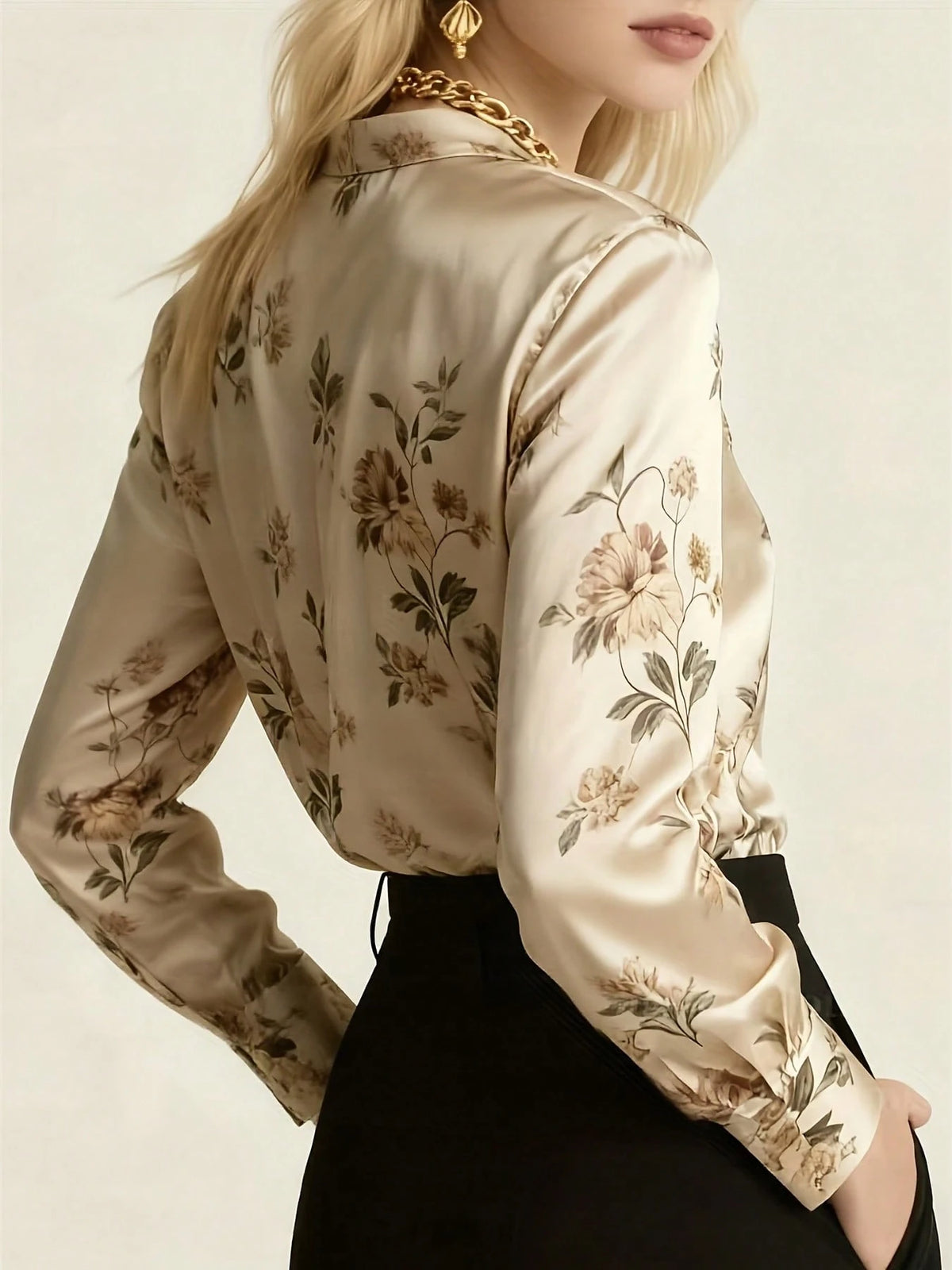 Women's Satin Floral Print Long Sleeve Elegant Front Button Shirt Spring Vacation