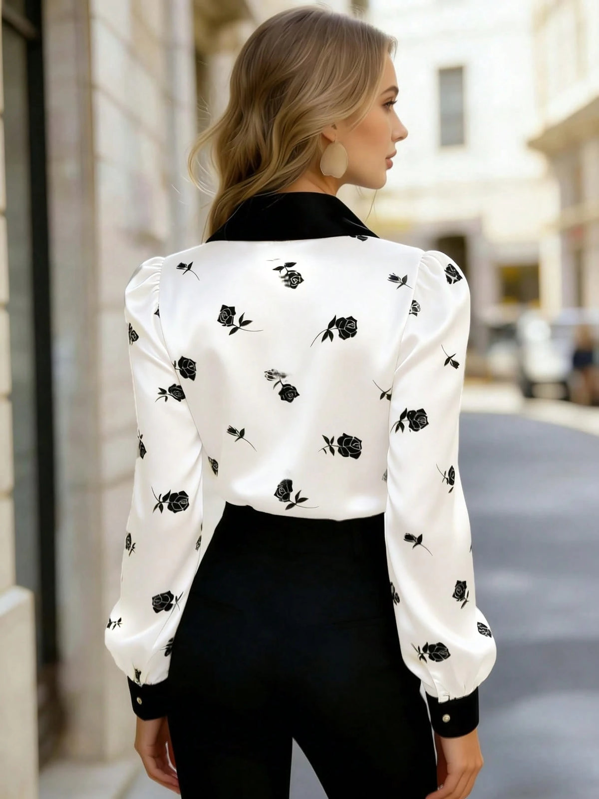 Women's Satin Rose Print Blouse, Long Sleeve Button-Up Shirt, Bow Tie Collar, Regular Fit, Suitable For Office Or Casual Wear White Spring