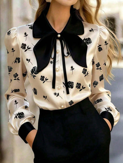 Women's Satin Rose Print Blouse, Long Sleeve Button-Up Shirt, Bow Tie Collar, Regular Fit, Suitable For Office Or Casual Wear White Spring
