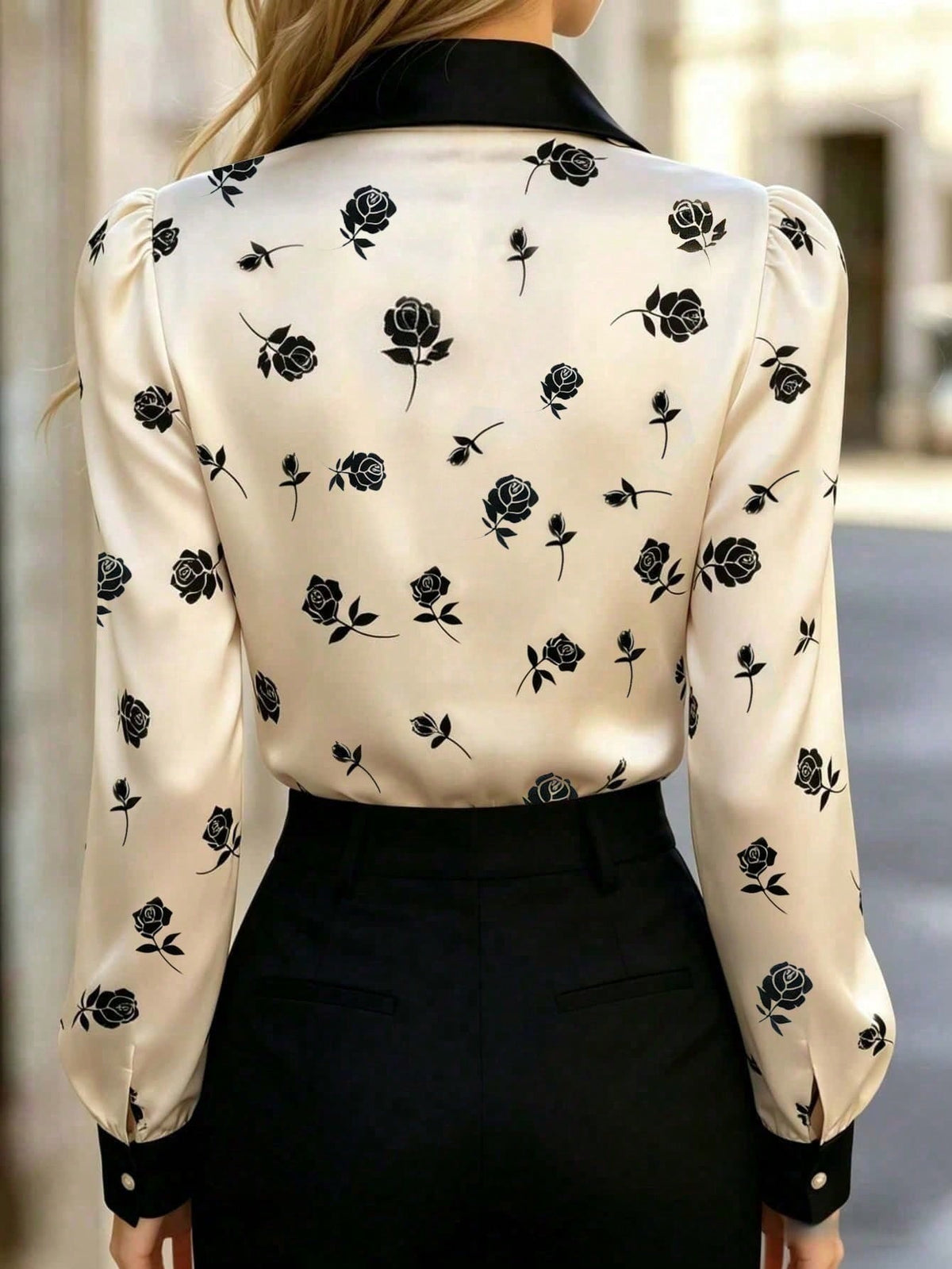 Women's Satin Rose Print Blouse, Long Sleeve Button-Up Shirt, Bow Tie Collar, Regular Fit, Suitable For Office Or Casual Wear White Spring