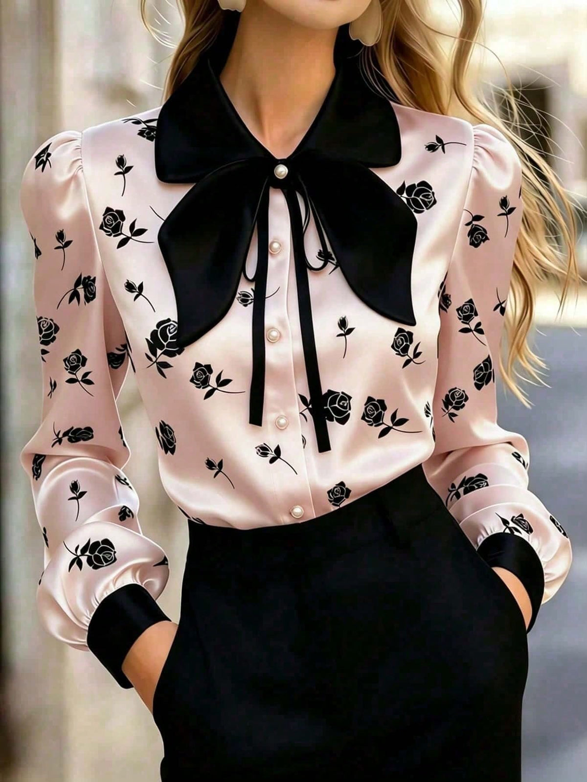 Women's Satin Rose Print Blouse, Long Sleeve Button-Up Shirt, Bow Tie Collar, Regular Fit, Suitable For Office Or Casual Wear White Spring