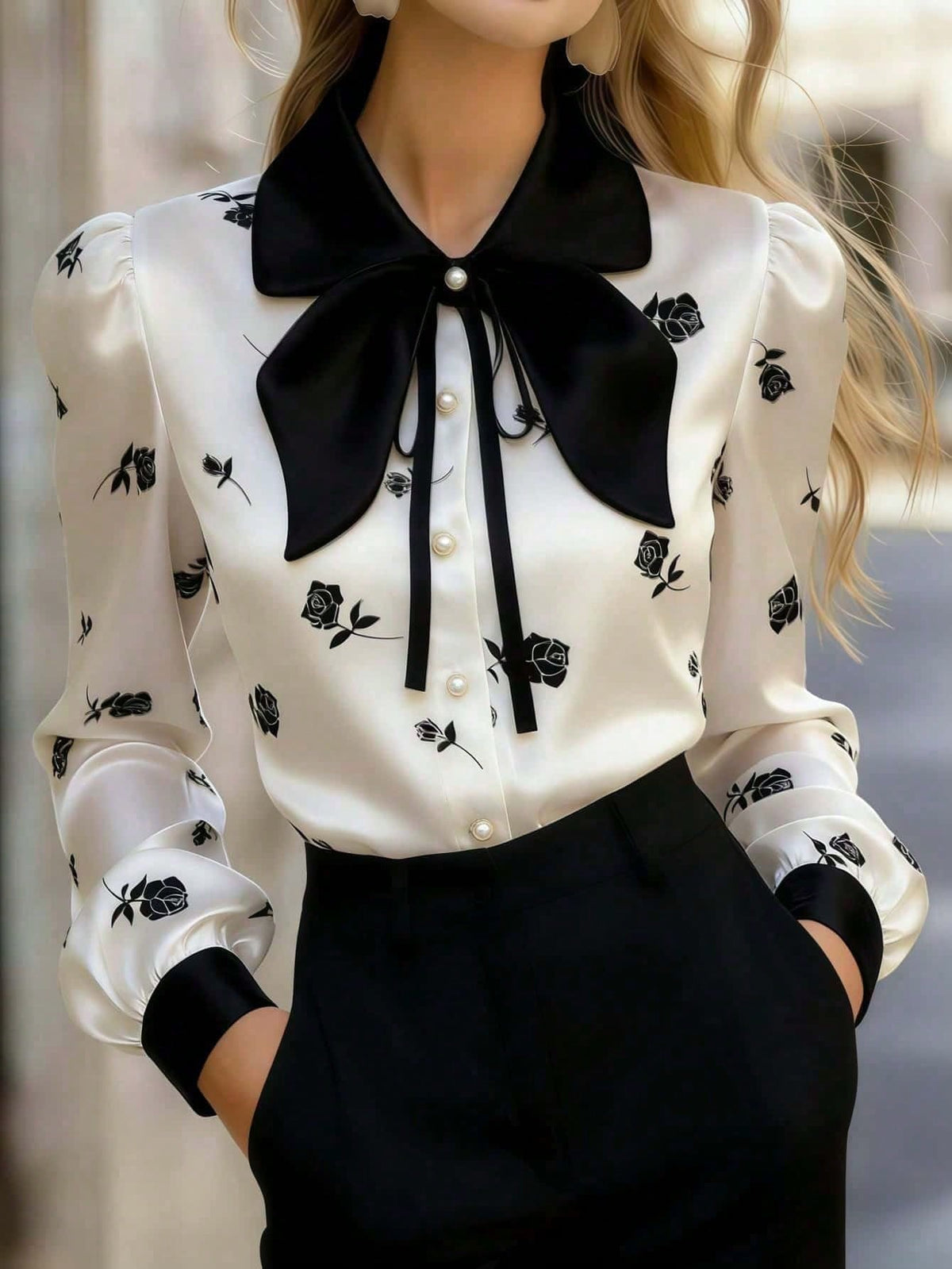 Women's Satin Rose Print Blouse, Long Sleeve Button-Up Shirt, Bow Tie Collar, Regular Fit, Suitable For Office Or Casual Wear White Spring