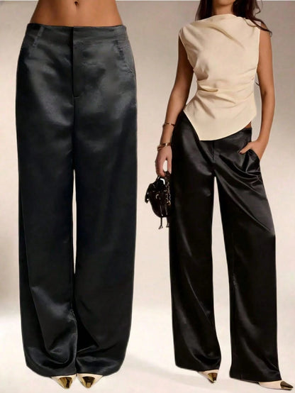 Women's Satin Silk Solid Color Pants With Pockets And Zipper, Suitable For Vacation, Office, Brunch, Airport, All Seasons Black Spring, Quiet Luxury