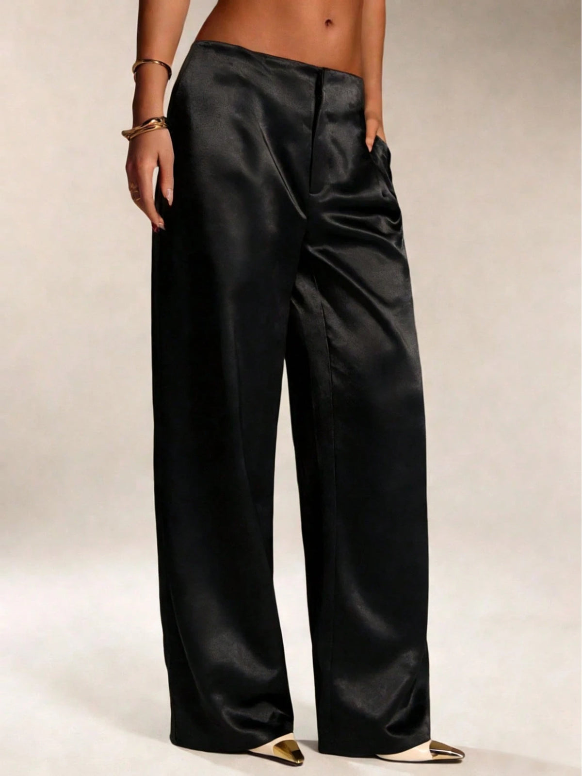 Women's Satin Silk Solid Color Pants With Pockets And Zipper, Suitable For Vacation, Office, Brunch, Airport, All Seasons Black Spring, Quiet Luxury