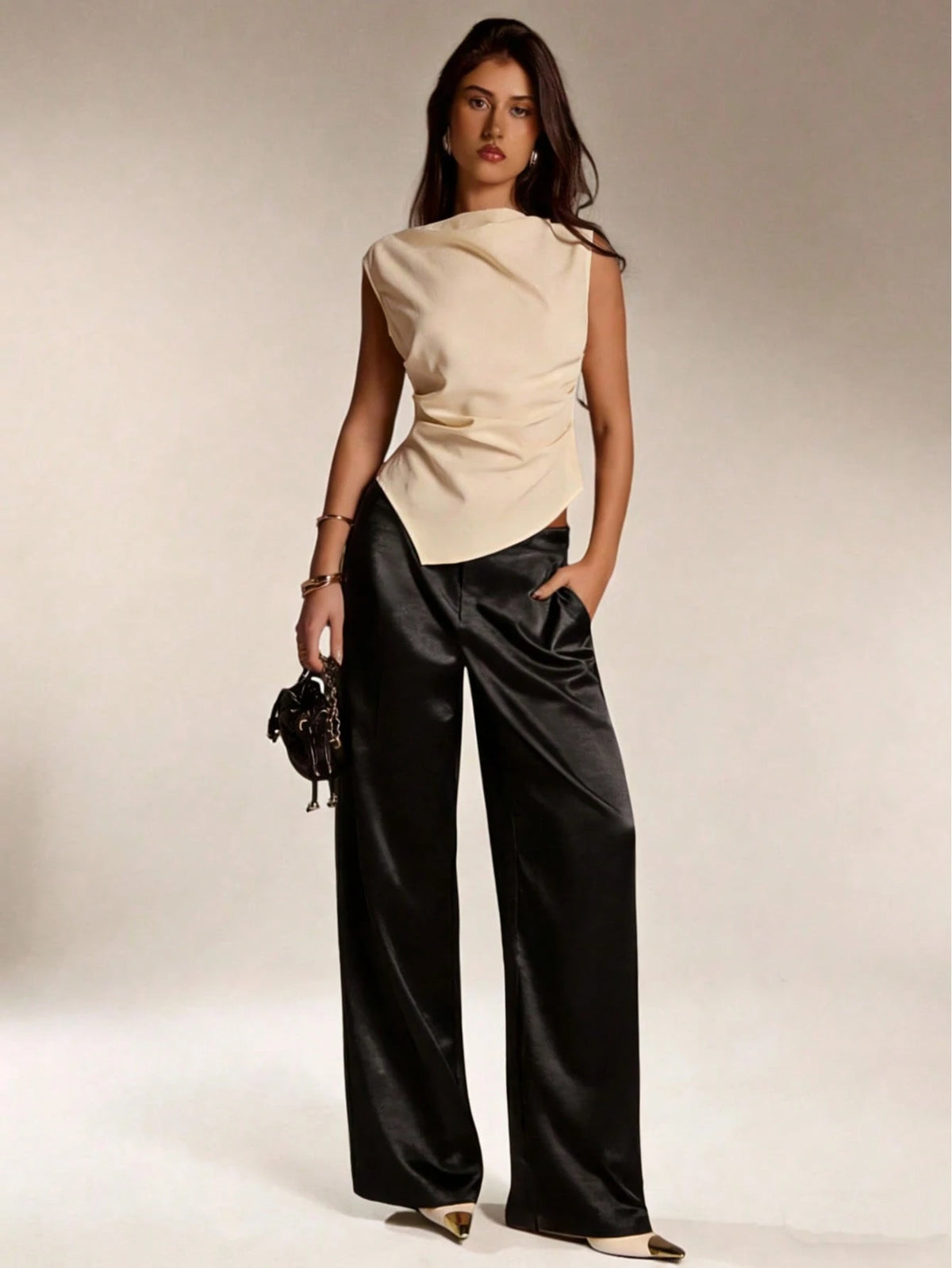 Women's Satin Silk Solid Color Pants With Pockets And Zipper, Suitable For Vacation, Office, Brunch, Airport, All Seasons Black Spring, Quiet Luxury