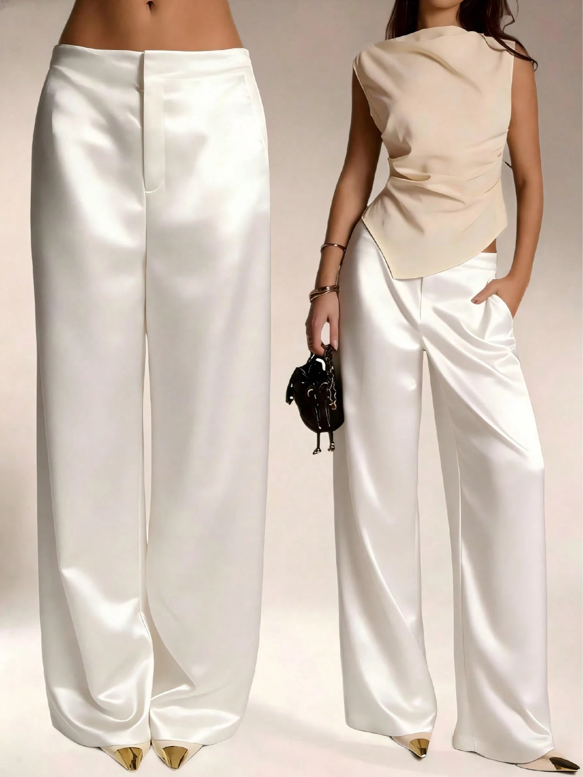 Women's Satin Silk Solid Color Pants With Pockets And Zipper, Suitable For Vacation, Office, Brunch, Airport, All Seasons Black Spring, Quiet Luxury