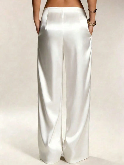 Women's Satin Silk Solid Color Pants With Pockets And Zipper, Suitable For Vacation, Office, Brunch, Airport, All Seasons Black Spring, Quiet Luxury